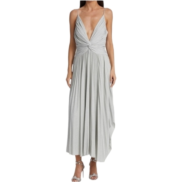 Halston Jody Pleated Midi Dress in Silver, Size 6, NWT - Picture 2 of 16